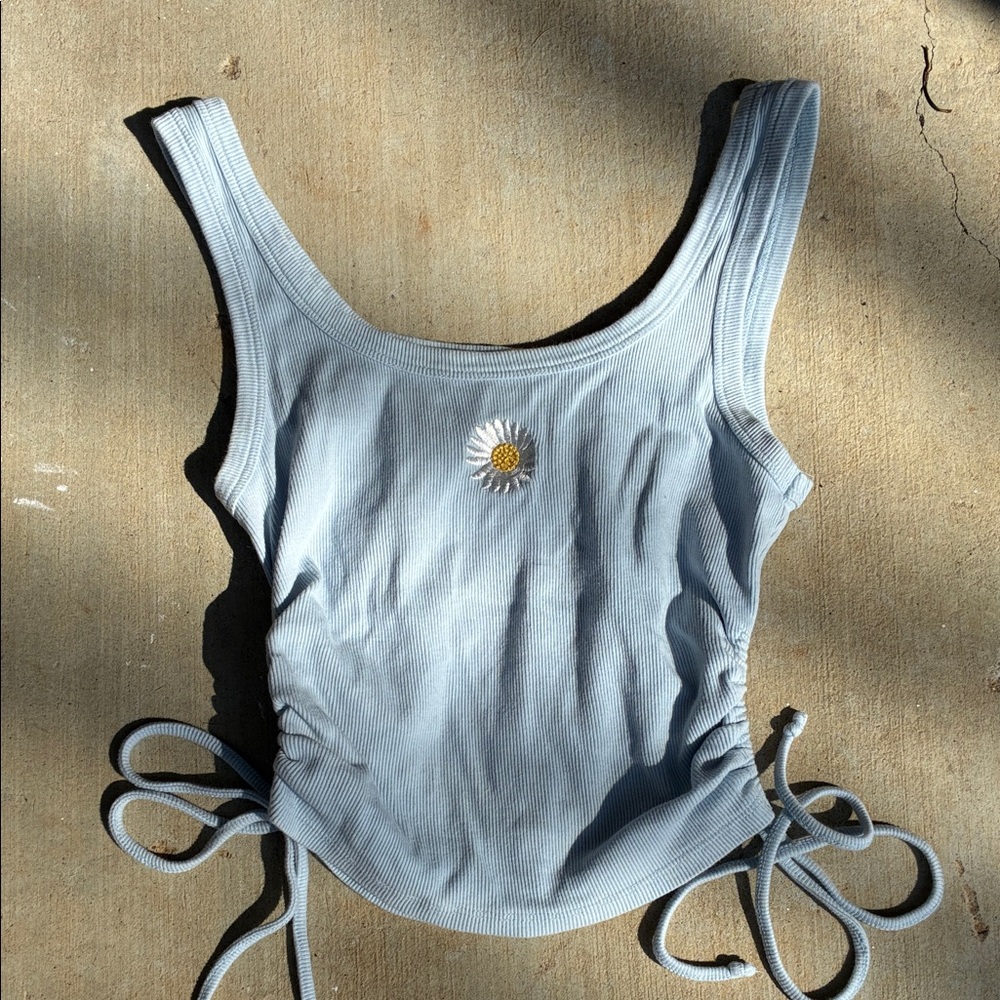 Light Blue Sleeveless Top with Daisy Embroidery